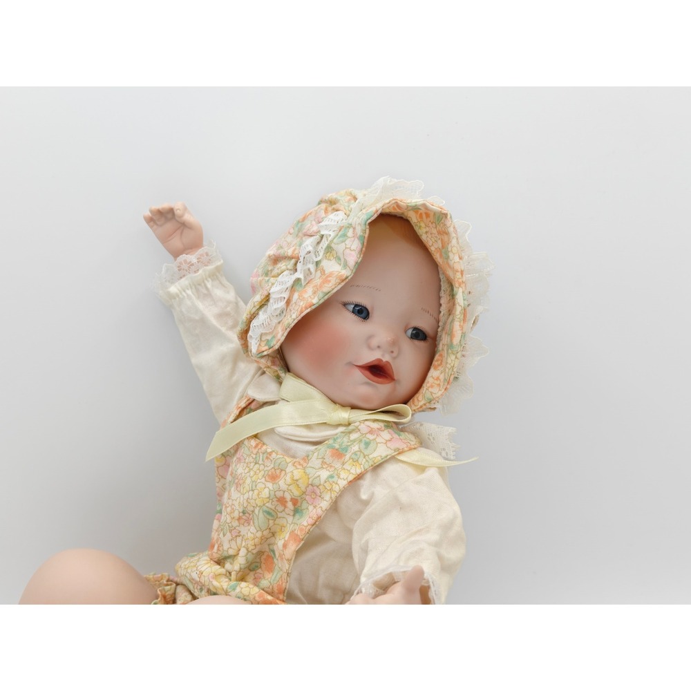 Vintage Porcelain Baby Doll Floral Lace Romper Bonnet Blue Eyes Cottagecore - Picture 2 of 7